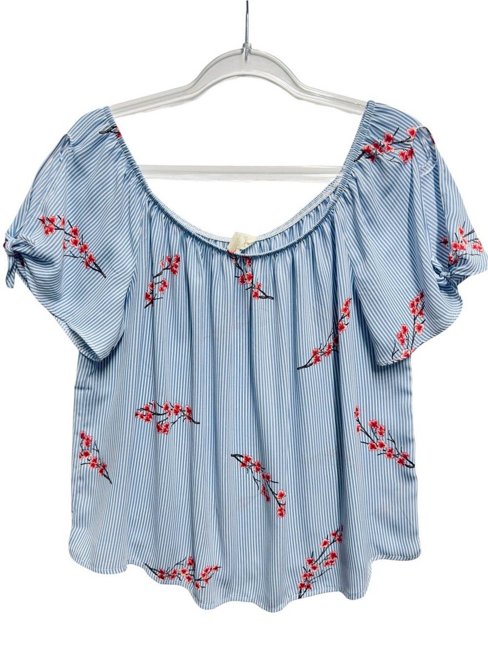 Satin Knit Pinstripe Floral Vines Off Shoulder Blouse Top - Picture 2 of 10